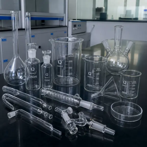 Quartz laboratory glassware set - crucibles, beakers and tubes